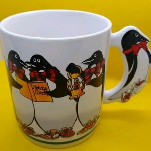 1987 The Love Mug Collectible Christmas Coffee Mug Caroling Penguins (C16)